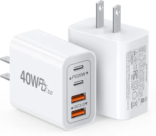Vista 8 de Bloque de cargador USB C de 40 W, paquete de 2 ladrillos de carga rápida de 4 puertos tipo C, adaptador de enchufe de pared dual PD&QC, ladrillo
