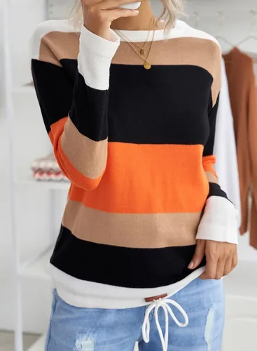 Vista 2 de Dokotoo Suéteres de otoño con cuello redondo, a rayas, lindos suéteres de invierno para mujer, modernos con cordón