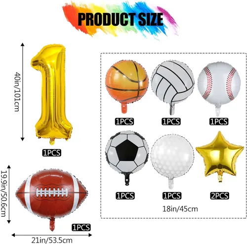 Vista 2 de 9 globos deportivos, fútbol, baloncesto, béisbol, voleibol, golf y fútbol, globo de aluminio de Mylar con número de cumpleaños deportivo