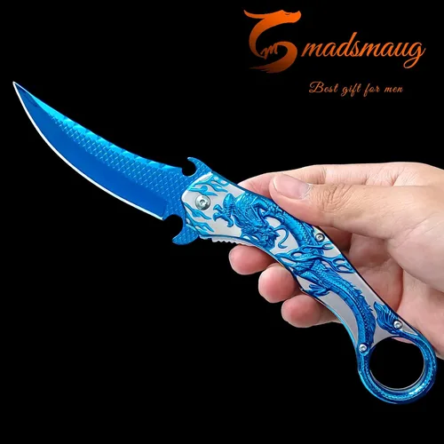 Vista 4 de Cuchillo de bolsillo, 9Cr18Mo BLADE Cuchillo plegable de bolsillo con funda, genial cuchillo EDC de dragón 3D, gran cuchillo de bolsillo de regalo