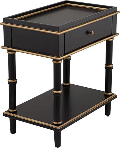 Vista 9 de 55 Downing Street Cason Modern Glam Luxe - Mesa auxiliar rectangular de madera de 15 x 24 pulgadas con cajón y estante, mango de borde dorado negro