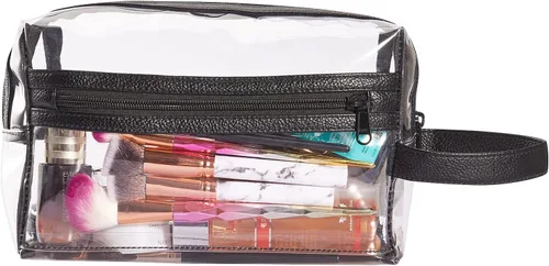 Vista 4 de Neceser de aseo transparente, para maquillaje, productos de afeitar, cosméticos, resistente, impermeable, con cierre y asa para viajes, Negro)