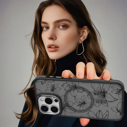 Vista 7 de DAIZAG Funda magnética para iPhone 13, [esquinas a prueba de golpes] [compatible con MagSafe], funda negra translúcida mate, estética floral de flor