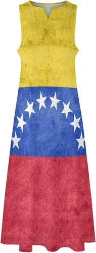 Vista 3 de Vestido largo hasta el tobillo de la bandera de Venezuela para mujer, sin mangas, de verano con bolsillos
