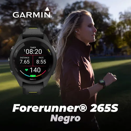 Vista 3 de Garmin Forerunner 265S Music GPS Running 42 mm Smartwatch, Negro con pantalla táctil AMOLED de 1.1 pulgadas E-Bank Bundle Negro y amarillo