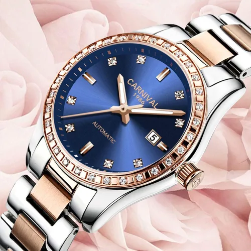 Vista 2 de Reloj mecánico automático de diamantes para mujer, acero inoxidable, zafiro impermeable, elegante reloj azul, Mecánico, cuerda automática