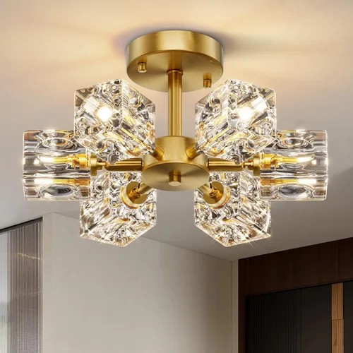 Vista 11 de Lámpara de techo de cristal Sputnik dorada, lámpara de montaje Dorado-4 luces