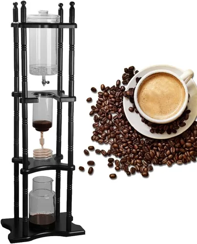 Vista 3 de Cafetera de goteo de hielo, 84.54 onzas, cafetera retro para el hogar, con recipiente de vidrio vertical japonés y soporte de madera, cafetera