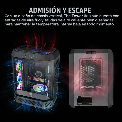 Vista 4 de Thermaltake Carcasa ATX Tower 600 negra de media torre; 3 paneles de vidrio templado; soporte de placa base de conector oculto; ranuras PCI-e