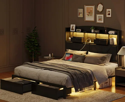 Vista 7 de DOGIBIXO - Marco de cama de tamaño matrimonial color negro con 4 almacenamientos, base de cama tapizada de terciopelo con cabecero capitoné