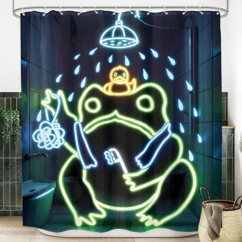Vista 25 de Juego Divertido de Cortina de Rana Retro para Ducha, Juego de Baño 48x71 Pulgadas, Estilo Asiático Lindo, Arte Japonés Tradicional de Pato de Goma