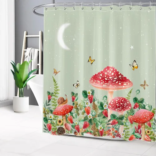 Vista 2 de Cortina de ducha con diseño de hongos y rana, planta verde salvia y mariposa de fresa sobre verde, cortina de ducha con ganchos, juego de cortinas