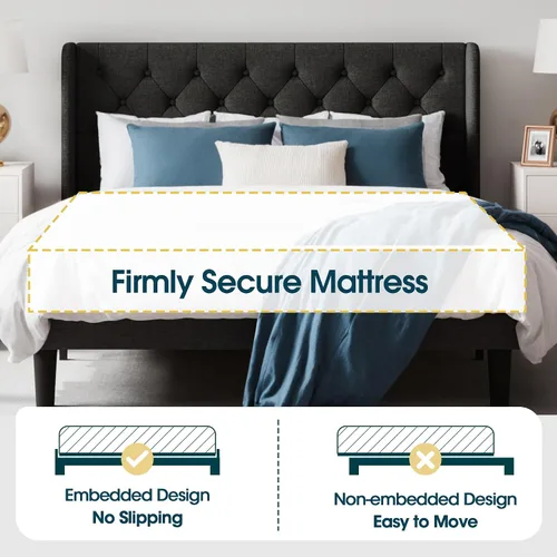 Vista 6 de WEEWAY Base de cama tapizada de tamaño matrimonial con cabecera copetuda con respaldo de alas, plataforma moderna con soporte de listones de madera