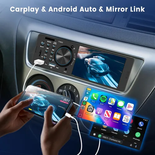 Vista 2 de Estéreo de automóvil de un solo DIN con CarPlay Android Auto, pantalla táctil receptor de audio para automóvil con Bluetooth 1 Din, Driauto 4