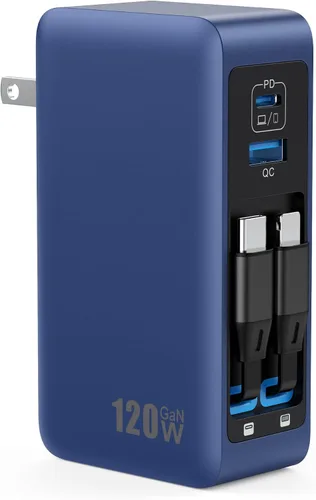 Vista 8 de Bloque de cargador USB C de 120W con 2 cables retráctiles integrados, cargador de pared con enchufe plegable GaN IV 4 en 1, estación de carga A-Plata