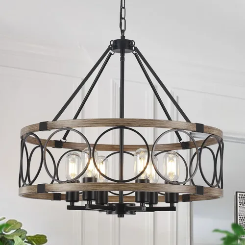 Vista 12 de Candelabro de Granja para Comedor de 5 Luces Negro Rústico de Tambor Candelabros de 20" Textura de Madera Lámpara Colgante Ajustable para Isla