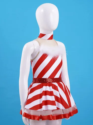Vista 2 de CHICTRY Leotardo de baile de bastón de caramelo con estampado de rayas para niñas, vestido tutú de ballet, disfraz de Papá Noel elfo