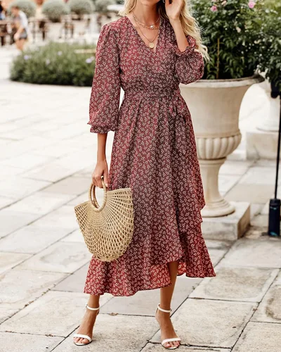 Vista 3 de BTFBM Vestido cruzado de manga larga para mujer cuello en V bohemio floral cintura alta con volantes 2023 primavera y verano maxi vestidos