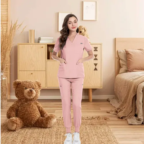Vista 6 de niaahinn Conjunto de uniforme médico unisex con cuello en V y pantalones con múltiples bolsillos