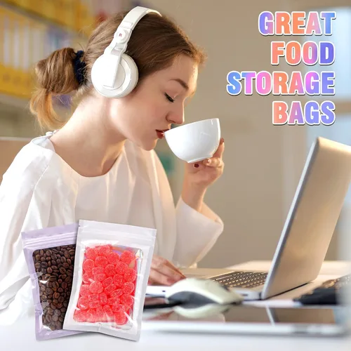 Vista 4 de 100 bolsas holográficas de tereftalato de polietileno, bolsas transparentes resellables, bolsa a prueba de olores, bolsa para pulseras, decoraciones