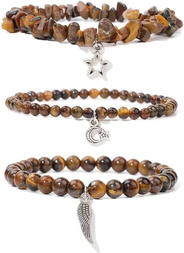 Vista 10 de Juego de 3 pulseras de cuentas de piedra natural para mujeres y hombres, estrellas y luna, alas de ángel, juego de pulseras curativas de reiki