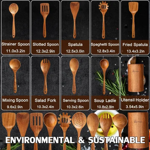 Vista 3 de Cucharas de madera para cocinar, juego de utensilios de cocina de madera, juego de 10 piezas de utensilios de cocina de madera con cucharas