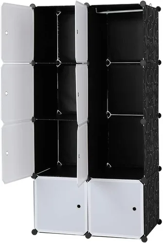 Vista 6 de Organizador de 8 cubos, apilable, estantes de almacenamiento de cubo de plástico, diseño modular multifuncional con barra para colgar, puertas