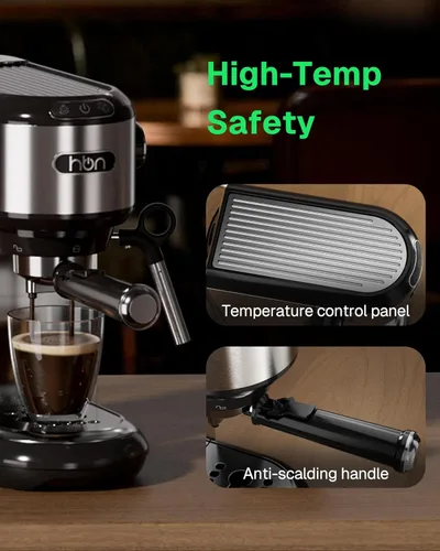 Vista 6 de HBN Máquina de café expreso de 20 Bar con espumador de leche, cafetera compacta para café molido, cafetera de acero inoxidable con varilla de vapor