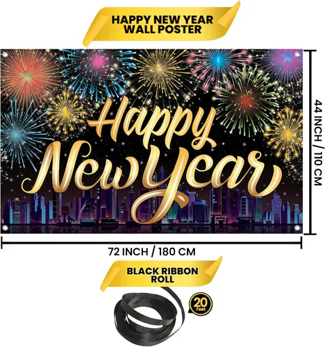 Vista 2 de KatchOn, Cartel XtraLarge de Feliz Año Nuevo – 72 x 44 pulgadas Fondo de fuegos artificiales de Año Nuevo para decoraciones de Año Nuevo 2026