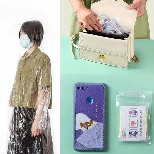 Vista 9 de Paquete de 12 ponchos de lluvia transparentes con capucha para adultos, familia, 3 colores, impermeables de emergencia de 51.1 pulgadas