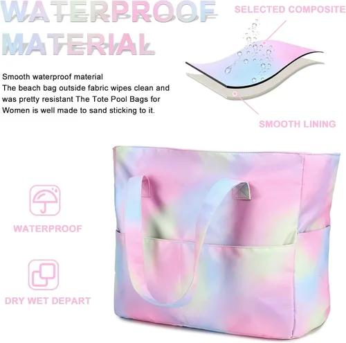 Vista 5 de Bolsa de playa y piscina para mujer, grande, bolsa de gimnasio con compartimento húmedo para viajes, impermeable