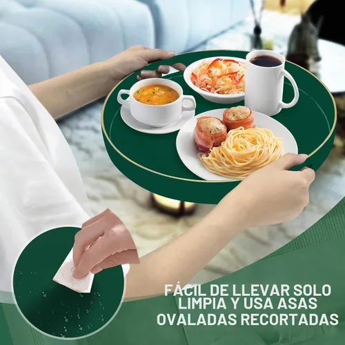 Vista 4 de MAONAME - Bandeja decorativa verde oscuro, bandeja de servir redonda de 13 pulgadas con asas, bandejas de plástico para mesa de café, bandejas
