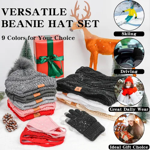 Vista 5 de Winter Hat Scarf Gloves and Ear Warmer, Warm Knit Beanie Hat Touch Screen Gloves Set Winter Gifts Neck Scarves for Women