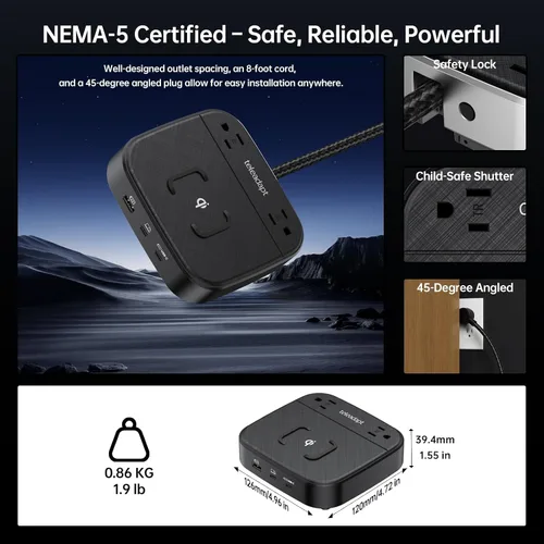 Vista 6 de Estación de carga Teleadapt 67W, estación de carga para iPhone 6 en 1 con puerto USB Wireless Charging, 2× AC Outlets, Desktop/Bedside/Nightstand