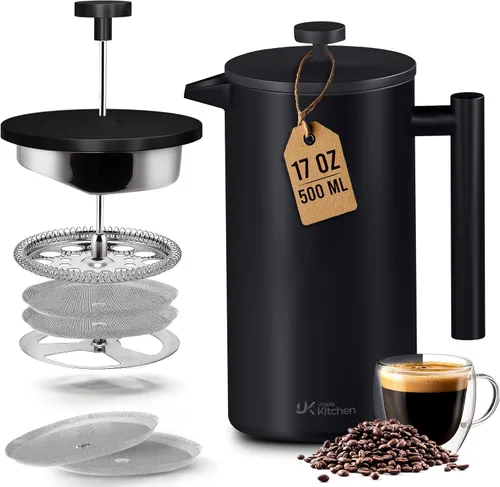 Vista 9 de Utopia Kitchen Cafetera de prensa francesa de acero inoxidable de grado 304, 12 onzas, prensa de café aislada de doble pared con sistema