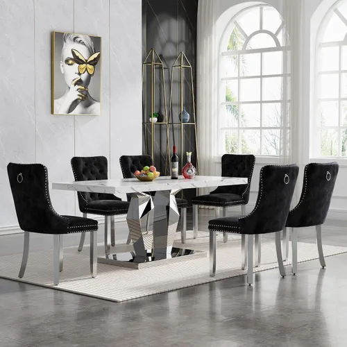 Vista 25 de Juego de 5 mesas de comedor de mármol sintético, juego de mesa de cocina y comedor para 4, mesa de comedor rectangular blanca de 70 pulgadas