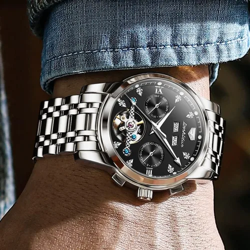 Vista 4 de JSDUN Relojes para hombre automáticos de esqueleto Tourbillon con diamantes de cuerda automática, reloj de pulsera de acero inoxidable, impermeable