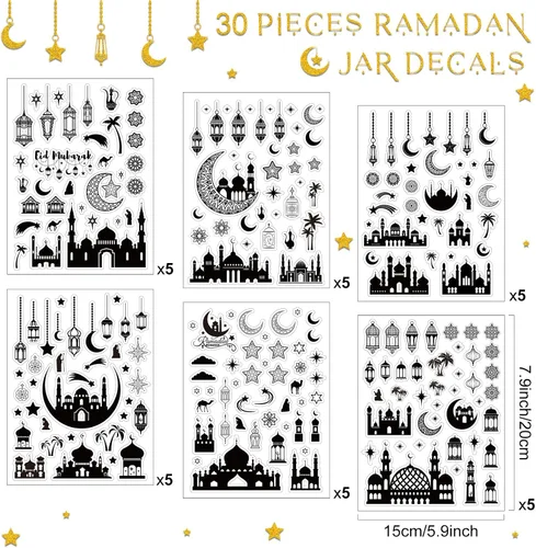 Vista 2 de Jutom 1135 calcomanías decorativas de Eid Mubarak, calcomanías para frascos de Ramadán Mubarak, calcomanías de Eid al Fitr Ramadán Kareem, adhesivos