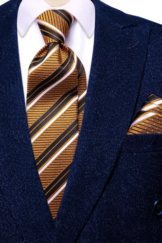 Vista 159 de Hi-Tie Corbatas de seda para hombre, diseño de cachemira a rayas, con bolsillo, gemelos cuadrados, conjunto formal de negocios