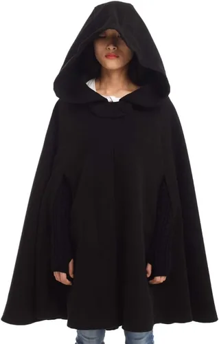Vista 13 de GRACEART Women's Hood Woolen Cape Bridal Wedding Winter Cloak Plus Size Thick Coat Negro 1