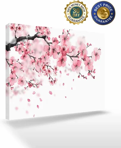 Vista 2 de T&H XHome Pintura al óleo de la lona de la decoración del arte de la pared del cuarto de baño, ilustración de la flor de cerezo rosa de la primavera