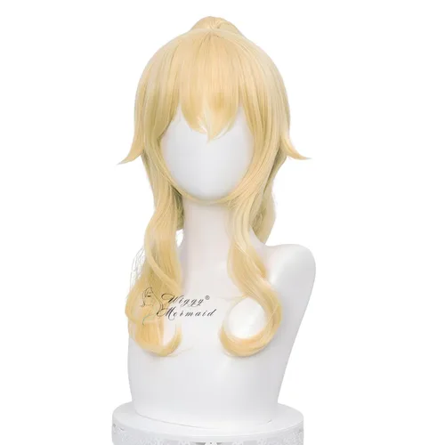 Vista 6 de SL Peluca de cola de caballo rubia ondulada para cosplay de Jean, pelucas de princesa dorada con colas de caballo, flequillos + gorra de peluca