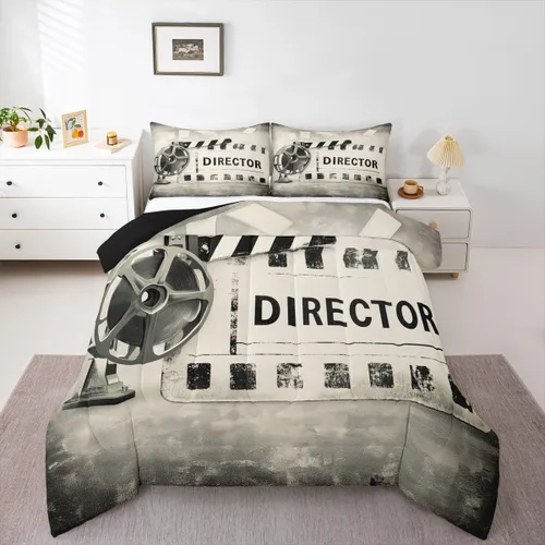 Vista 11 de Juego de edredón de cine tamaño individual, ropa de cama vintage de cine para niños, niñas y adultos, juego de edredón de palomitas de maíz