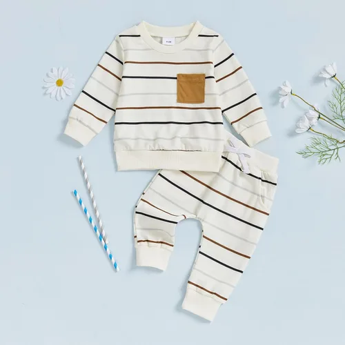 Vista 35 de Conjunto de 2 piezas de ropa para bebé y niño, sudadera con cuello redondo con letras y pantalones casuales de otoño e invierno B Negro-marrón