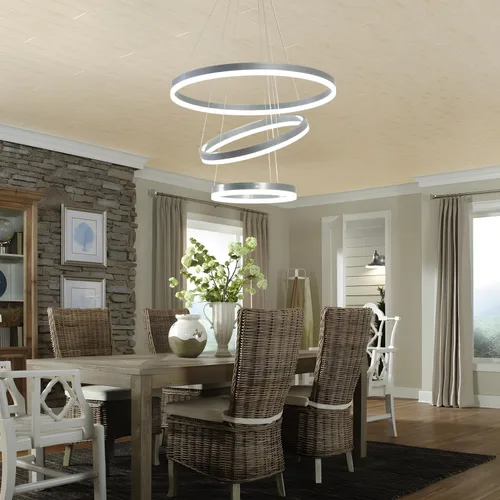 Vista 3 de Lámpara colgante LED plateada, lámpara de araña moderna regulable de 3 anillos con control remoto para comedor de techo alto