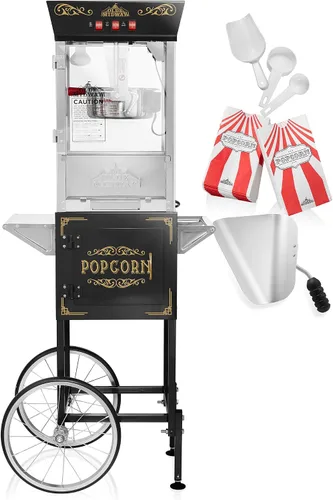 Vista 3 de Olde Midway Máquina de palomitas de maíz estilo cine con carrito y hervidor de 8 onzas - Negro, estilo vintage con ruedas