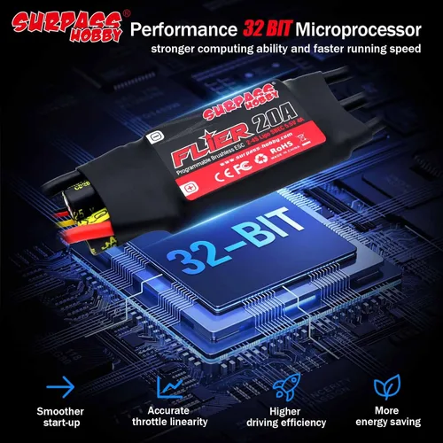 Vista 3 de Surpass 20A ESC sin escobillas 5.5V/4A BEC, XT60 y enchufe de 0.1 in para RC de ala fija