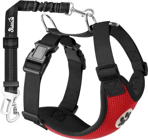 Vista 13 de SlowTon Arnés de Cinturón de Seguridad para Perro para Coche, Arnés de Coche para Perros Ajustable de Malla Transpirable y Arnés de Cinturón