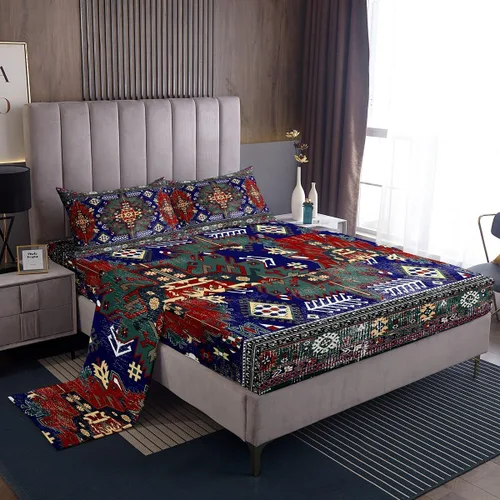 Vista 21 de Erosebridal Juego de sábanas persas tamaño individual, juego de sábanas exóticas bohemias, retro, azul, amarillo, degradado, rojo, floral, bohemio