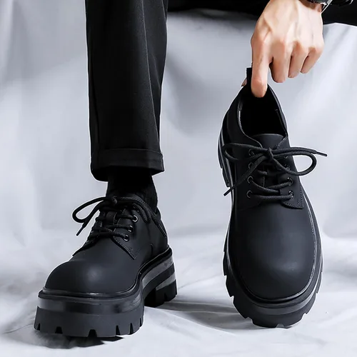 Vista 2 de Zapatos Oxford de plataforma de cuero para hombre, zapatos clásicos de vestir con cordones y punta redonda, cómodos, suela antideslizante, tacón